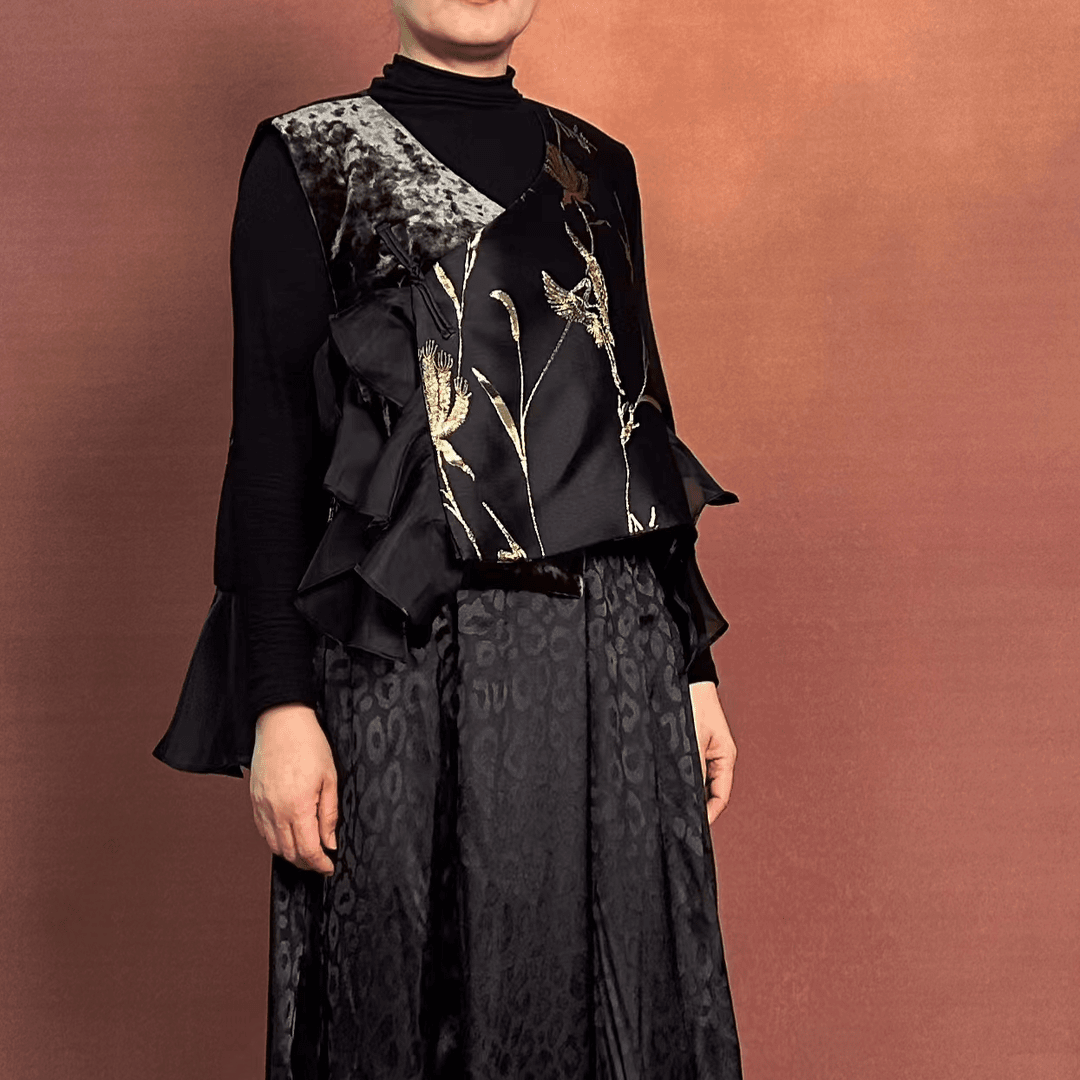 【大海轻奢】S24093新款咖色刺绣花双拼纱设计师款时尚上衣