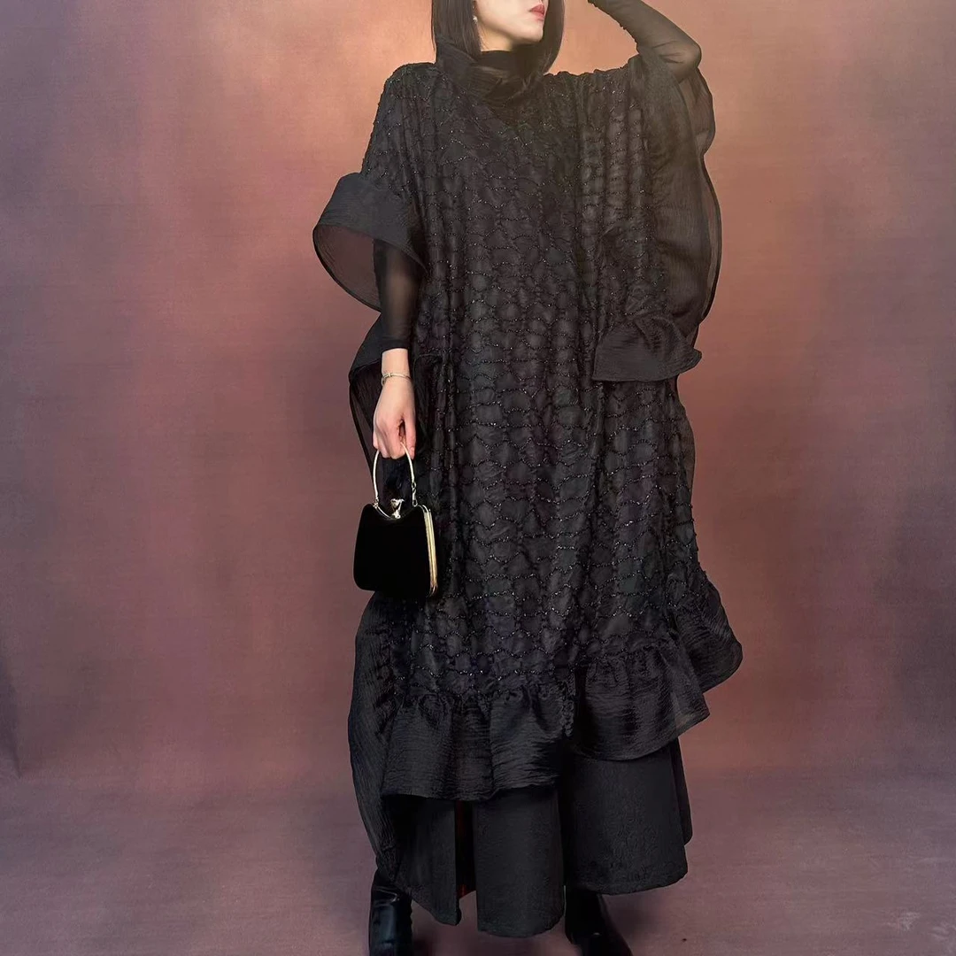 【大海轻奢】Z2311102新款黑色波浪纹扩版拼欧纱立领连衣裙
