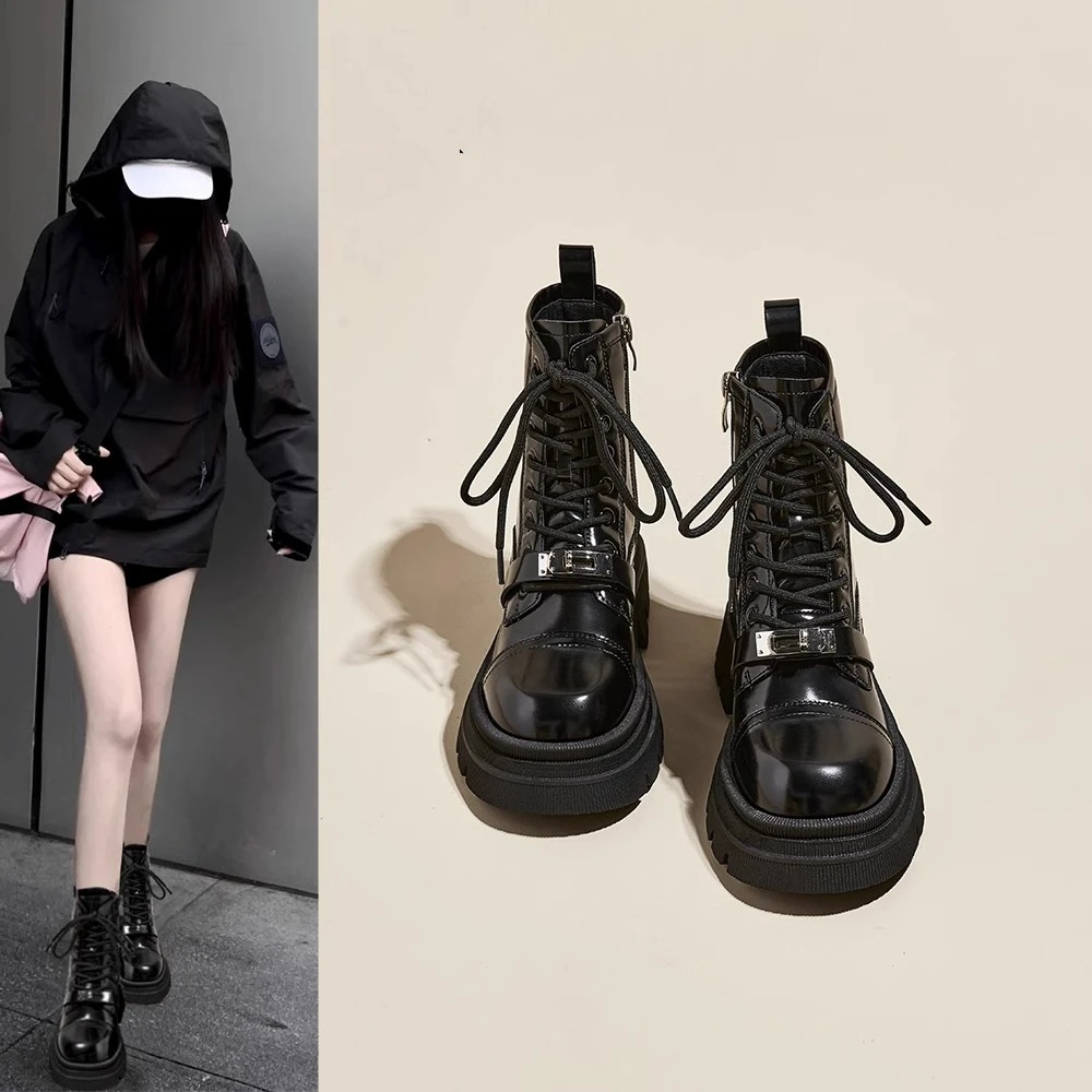 【万达撤柜】英伦风马丁靴女2024年春秋季新款小个子厚底增高短靴女