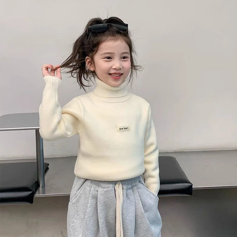 女童毛衣冬款2023新款洋气女孩高领一体绒针织衫冬季加厚儿童毛衣