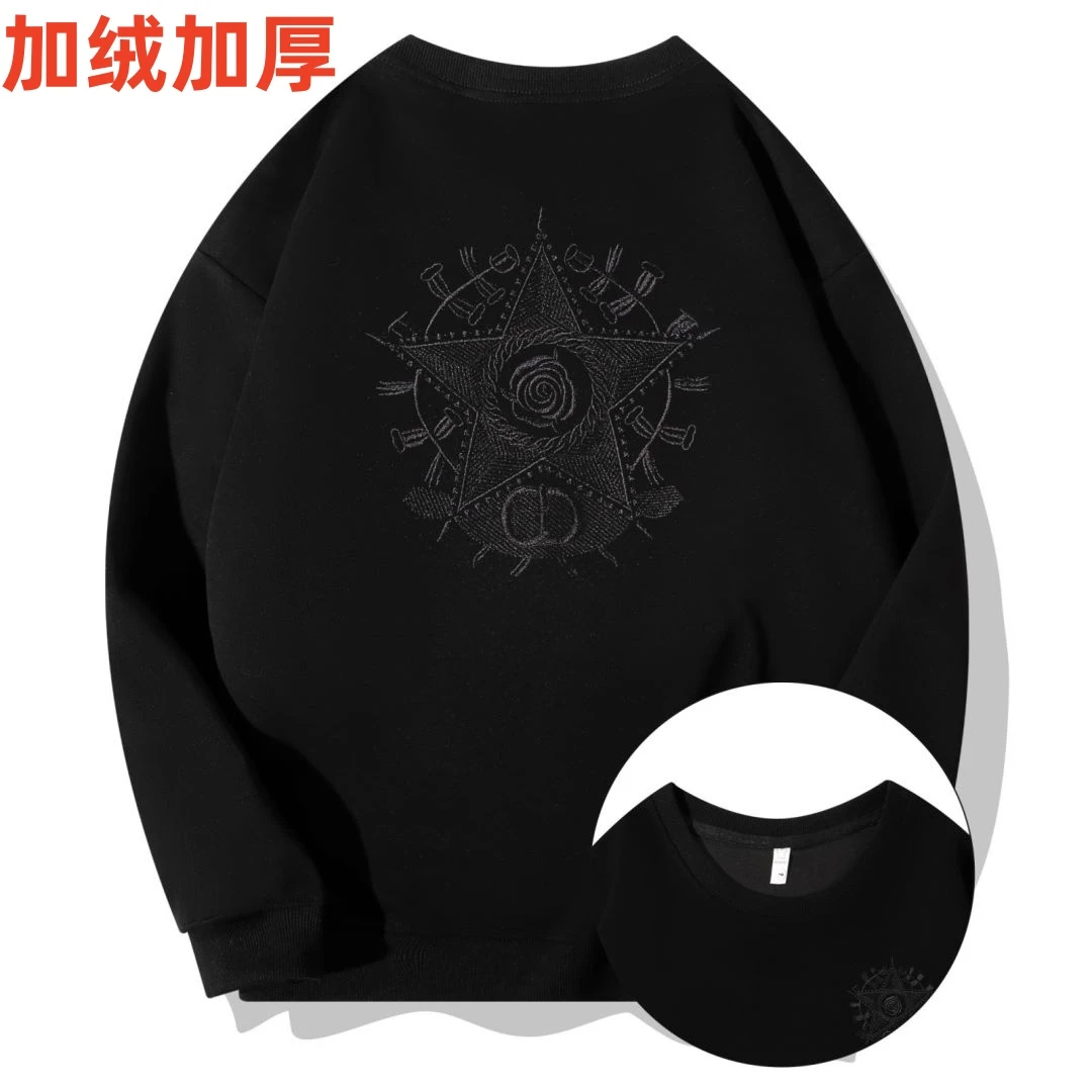 W212欧货500克加绒加厚重磅重工刺绣五角星卫衣男情侣潮牌打底衫