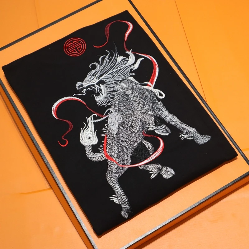 纯棉潮牌欧货重工麒麟刺绣高级感轻奢T恤男短袖爆款半袖BBG-T204