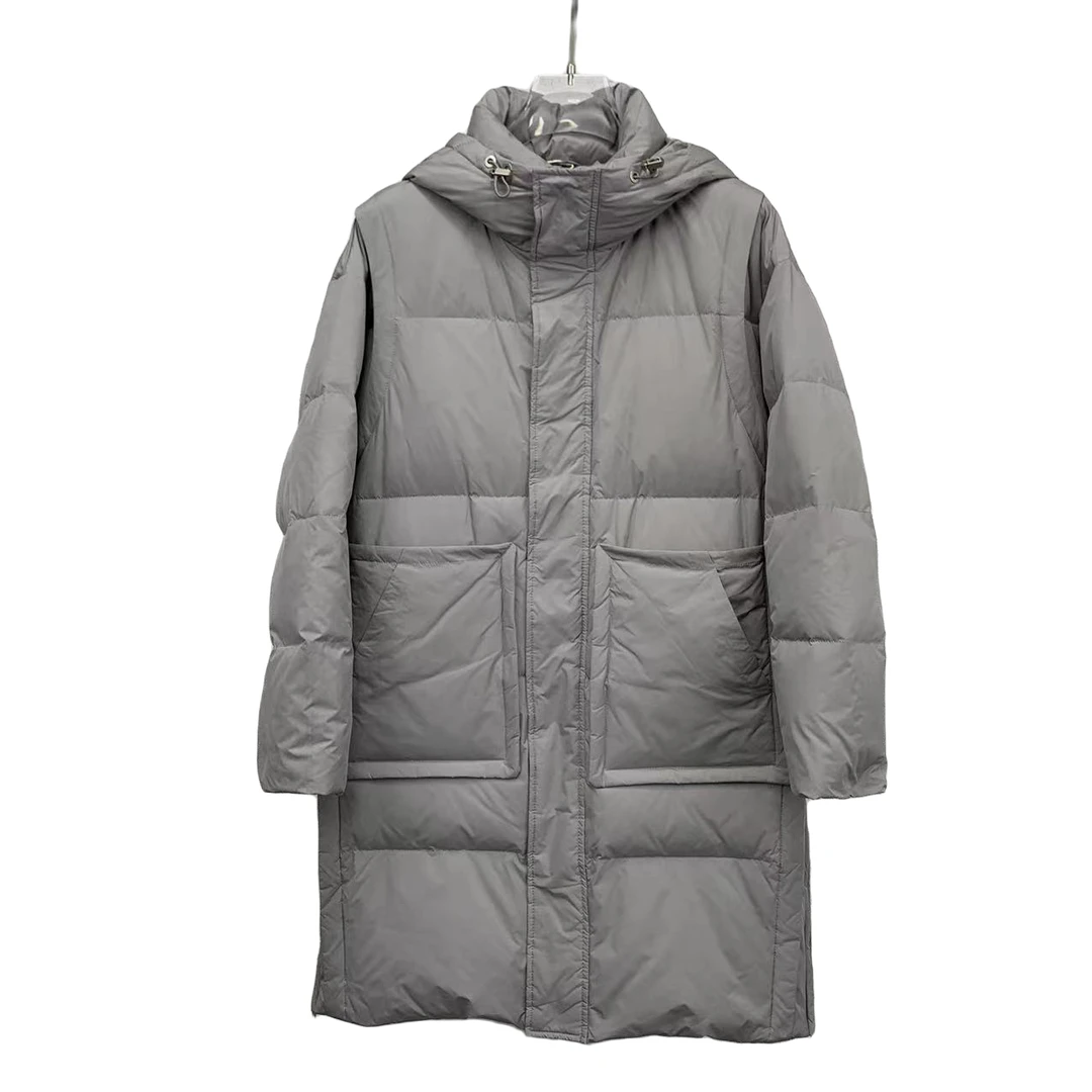 21036-男女同款冬季保暖休闲宽松连帽中长款男士白鸭绒外穿羽绒服