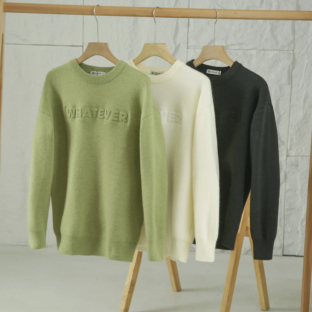 3006-秋冬季三色圆领凹凸字母款毛衫 情侣亲子宽松百搭针织毛衣