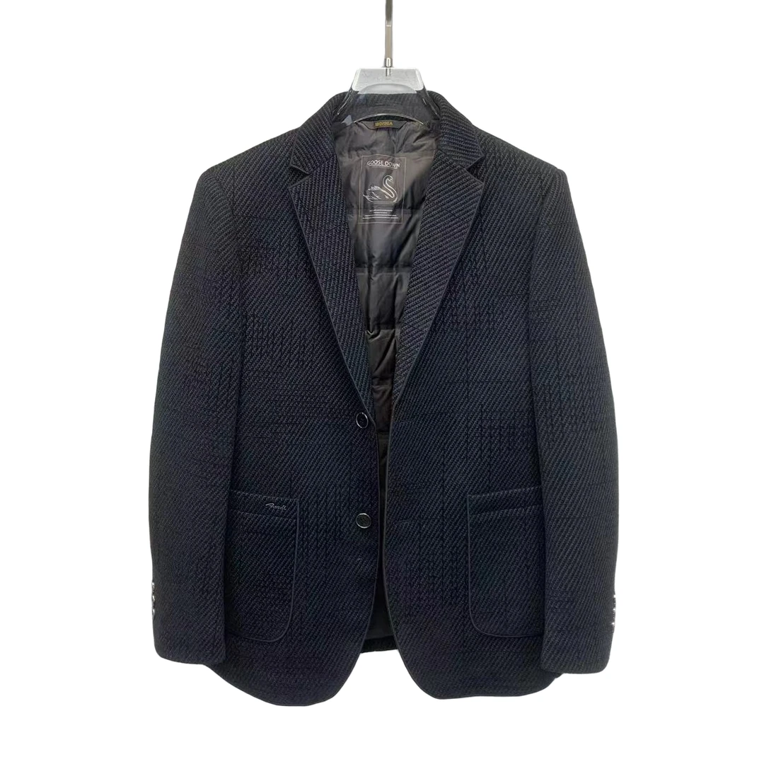 880-男士冬季加厚鹅绒内胆单色保暖翻领休闲挺括有型经典西服外套