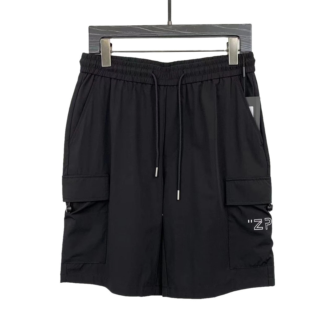 035-男士夏季黑色弹性松紧中裤百搭速干薄款宽松舒适多口袋五分裤