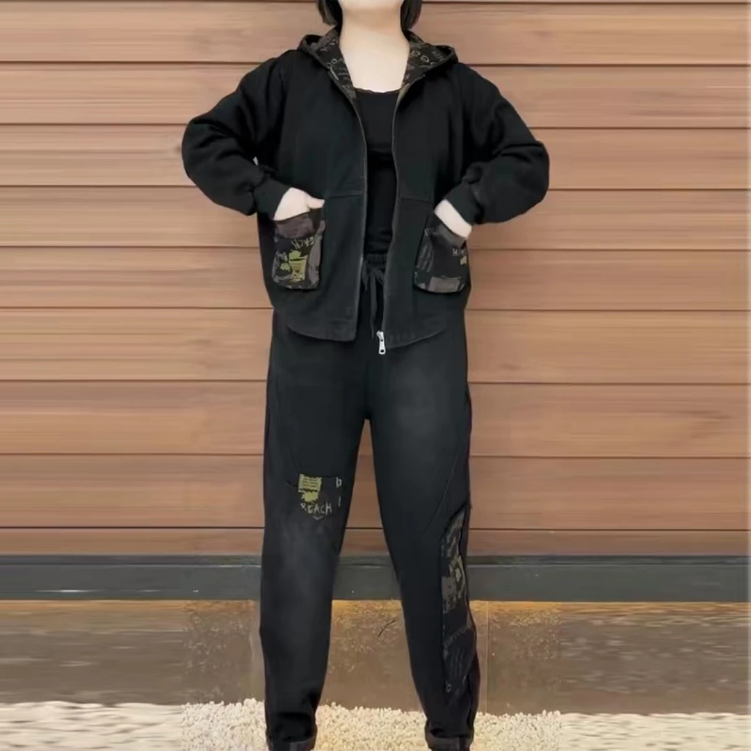 2024秋季休闲套装女宽松炒色牛仔复古风百搭显瘦减齢两件套