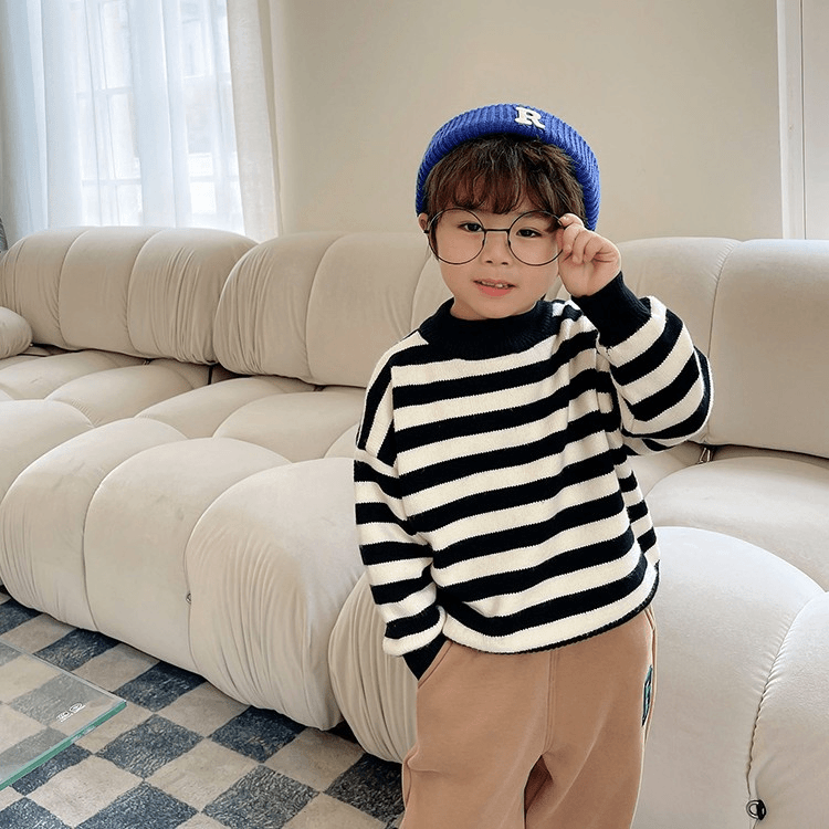 【小向子 现货  】儿童半高领条纹加厚毛衣2024新款