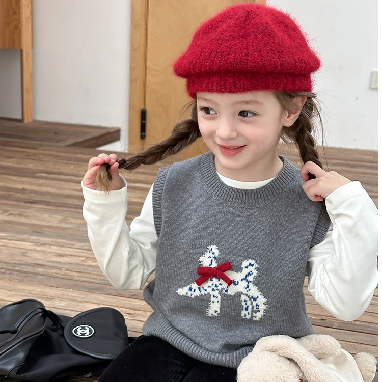 韩版女童马甲2025秋冬新款套头针织背心儿童卡通小狗图案毛衣坎肩
