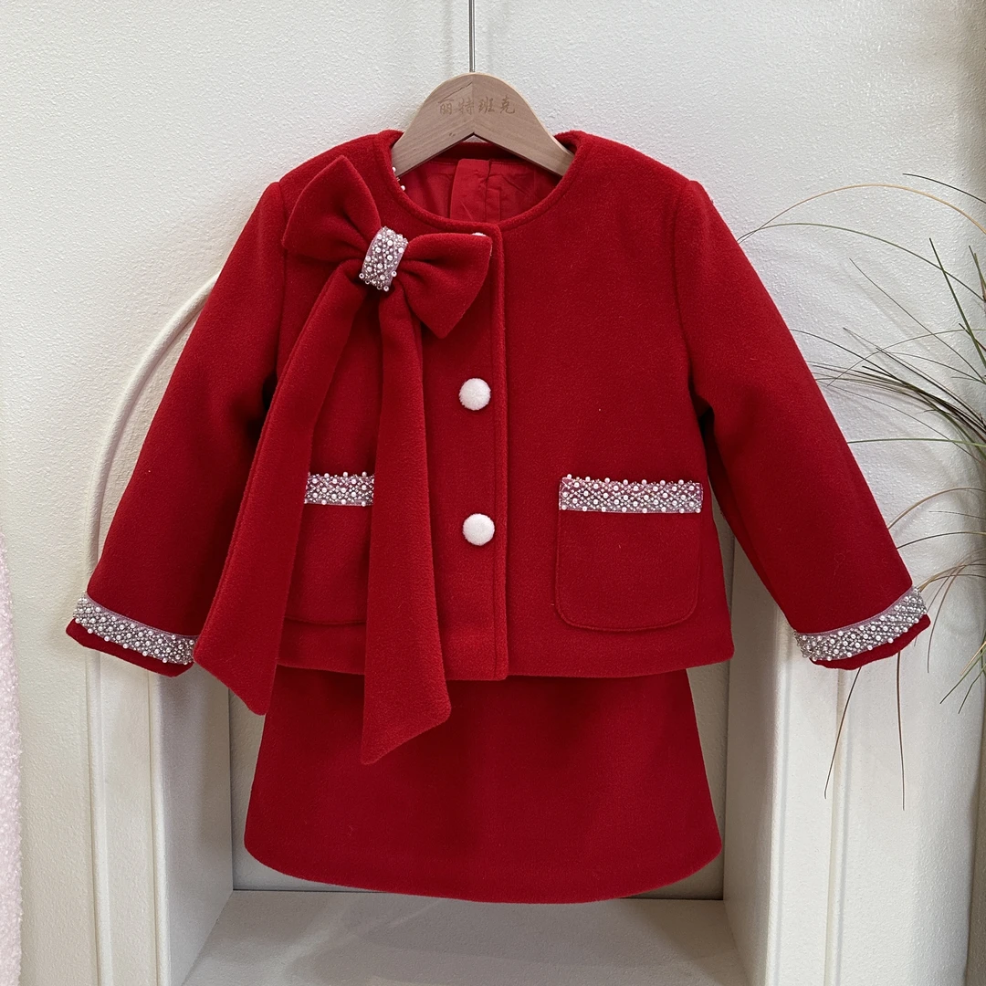 【柒喜】女童呢子套装中国风儿童小香风洋气红色毛呢加厚女宝TZ015