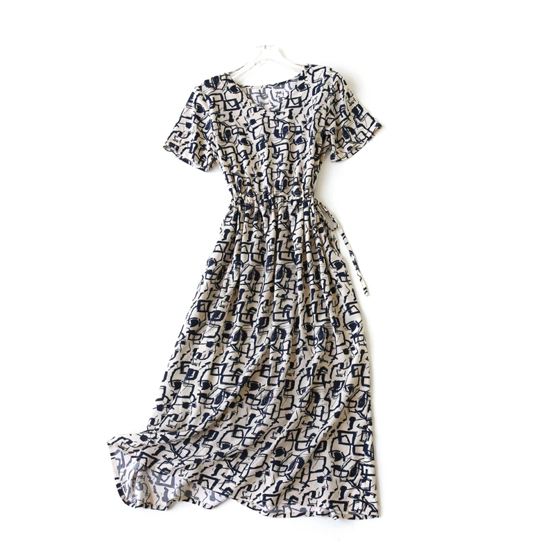 【唤美家】碎花印花时尚优雅棉绸连衣裙系带收腰宽松显瘦V领绵绸