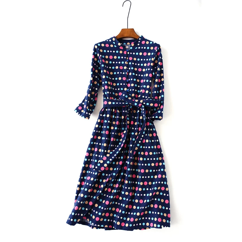 25秋装新款气质开扣立领纯棉连衣裙 七分袖绑带收腰碎花大摆裙