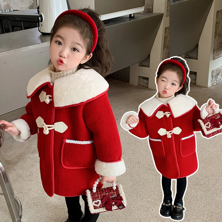 女童加绒毛呢外套冬装2023新款儿童呢子大衣宝宝红色过年装拜年服