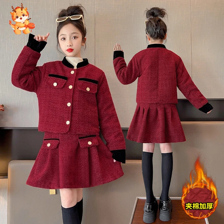 女童加厚小香风拜年服套装时髦洋气加厚保暖过年红色女孩毛呢冬季