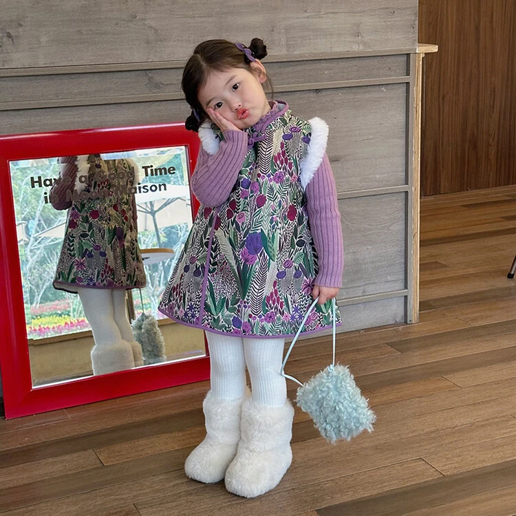 儿童旗袍裙马甲女童冬季女孩拜年服冬装2024新款过年服儿童背心裙