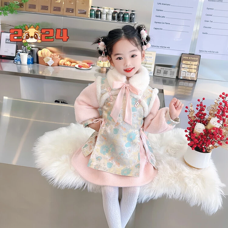 儿童新款冬季加绒加厚拜年服汉服毛领连衣裙宝宝中国风过年女孩