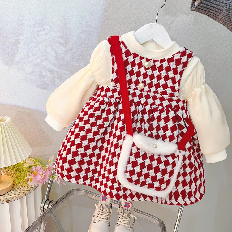 女童套装公主裙秋冬季加绒加厚女宝套裙周岁礼服洋气儿童格子小童