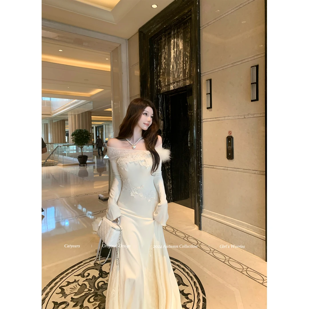 Catyears猫年【香榭绮梦】气质修身鱼尾长裙女针织拼接软蕾丝连衣裙