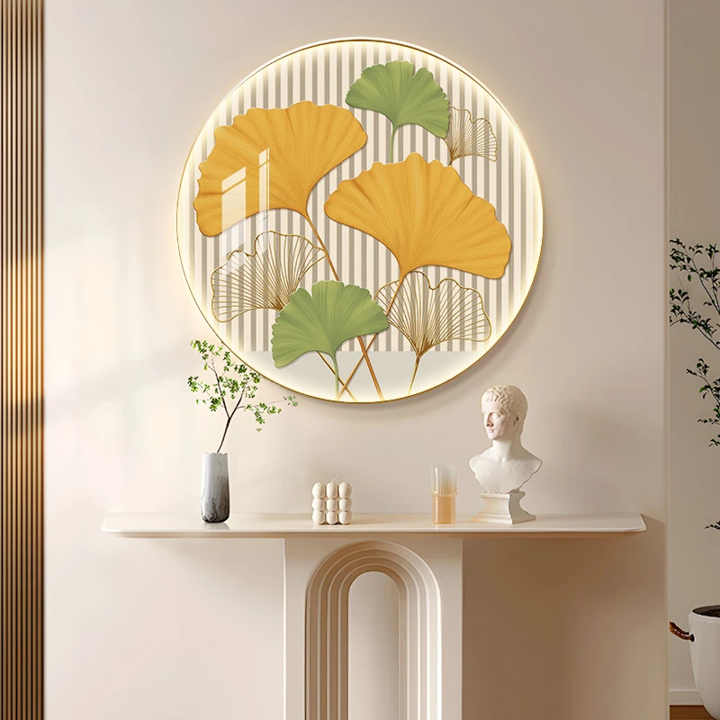 奶油风玄关装饰画银杏叶客厅餐厅墙面挂画圆形现代简约卧室壁画