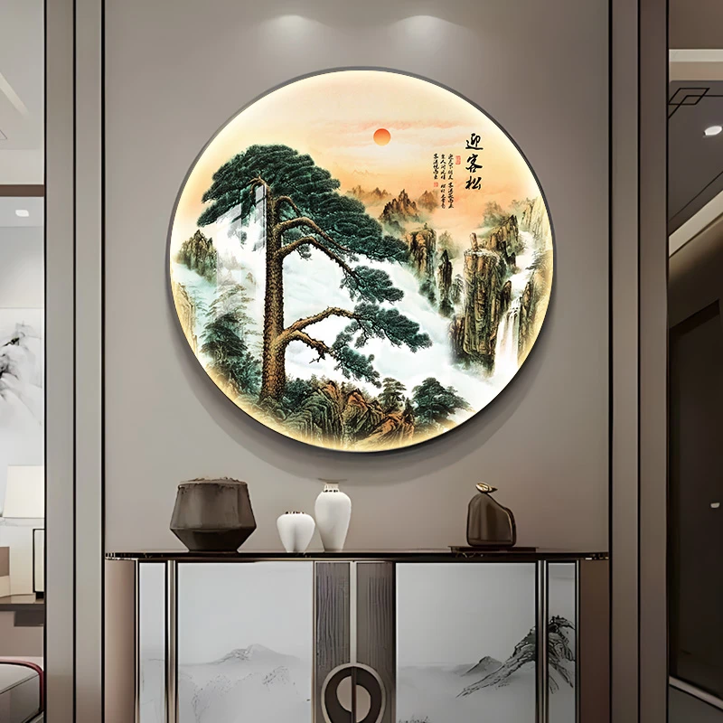 迎客松新中式入户玄关装饰画圆形挂画过道客厅茶室书房背景墙画