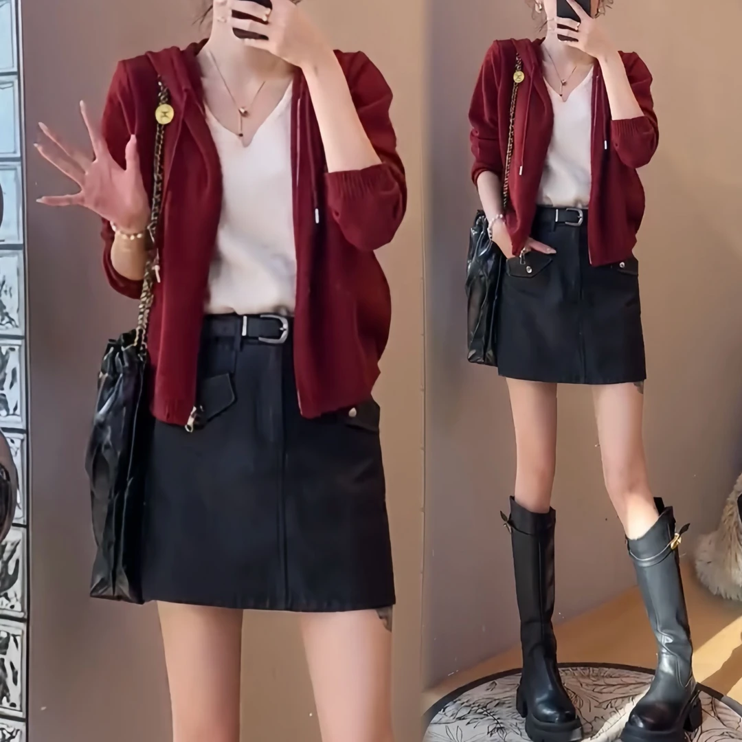 早春慵懒风2025新款韩系洋气减龄V领假两件上衣女高腰显瘦半身裙