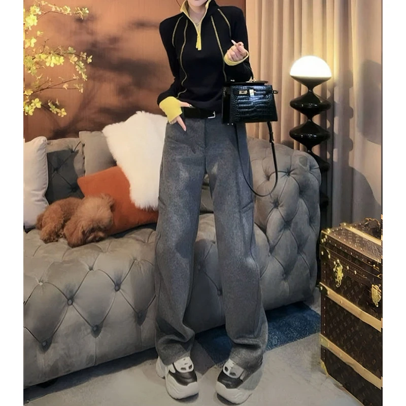 毛呢弯刀裤女裤秋冬2024新款高腰显瘦设计感百搭休闲直筒阔腿裤