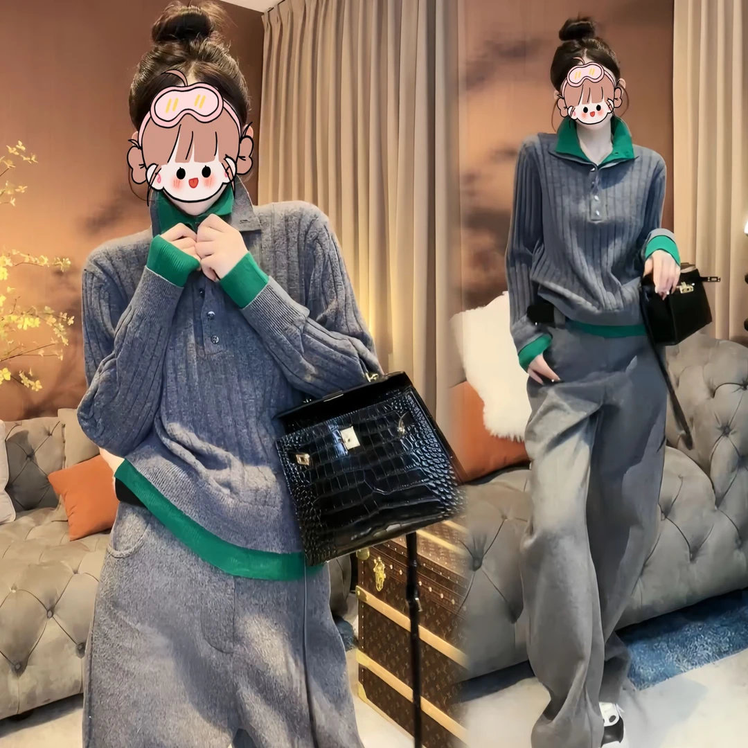 秋冬时尚洋气慵懒风法式高级感假两件拼色毛衣洋气百搭显瘦阔腿裤