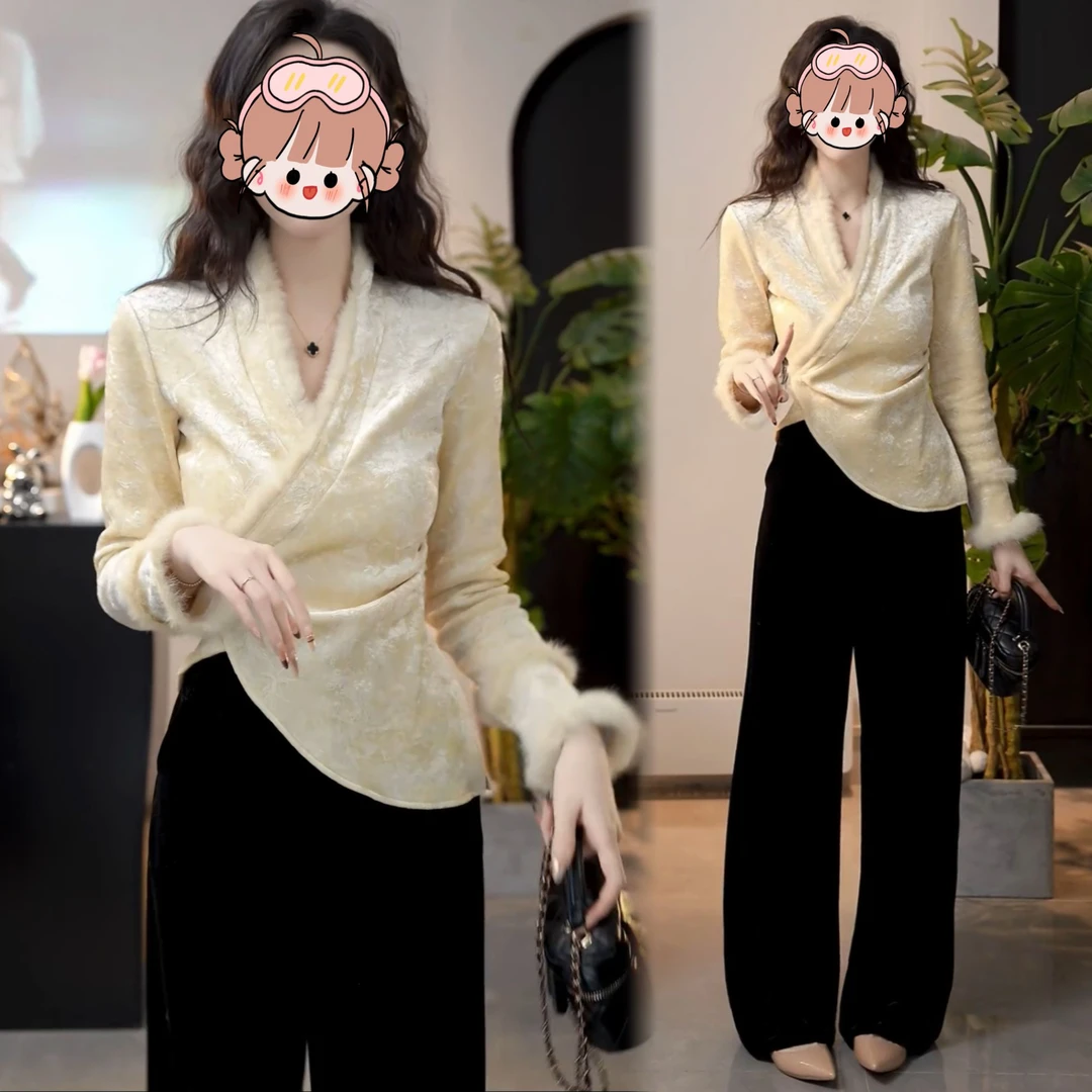 秋冬国风新中式轻奢贵气丝绒浮雕V领不规则上衣女百搭显瘦阔腿裤