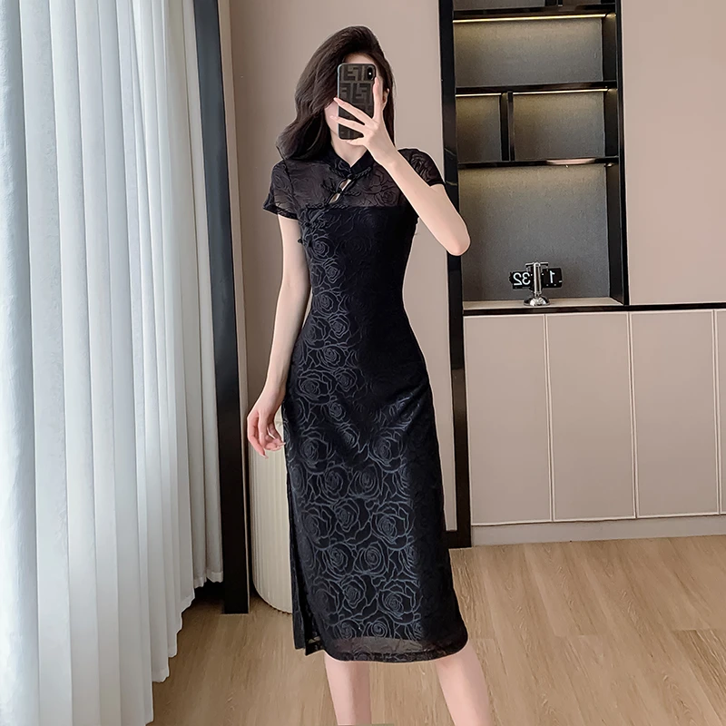 夏季国风连衣裙女2024新中式辣妹改良旗袍裙复古包开叉性感包臀裙