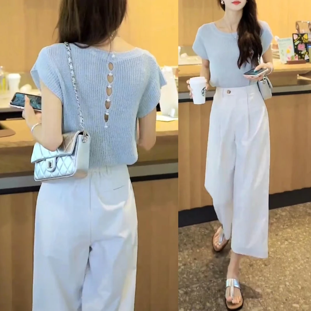 夏季新款法式千金风设计款纯色百搭针织T恤女气质显瘦九分休闲裤
