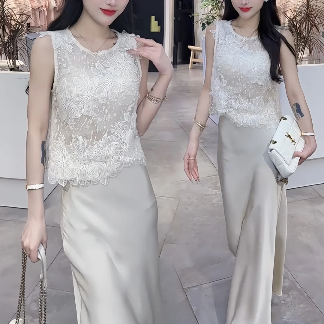 夏季法式清冷感蕾丝立体花朵拼接上衣优雅气质缎面长款修身包臀裙