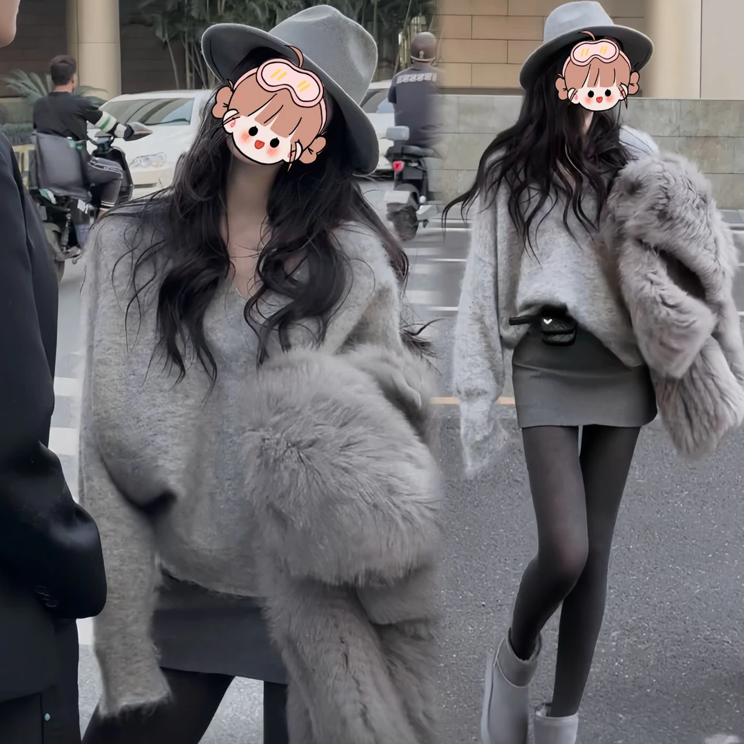 秋冬慵懒风辣妹穿搭温柔纯欲V领马海毛毛衣百搭显瘦A字包臀裤裙