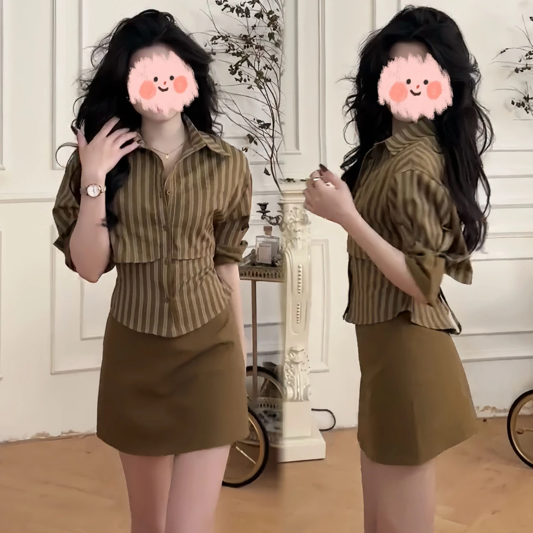 港风撞色台领条POLO长袖衬衫女2024秋季新款复古高腰A字半身裙