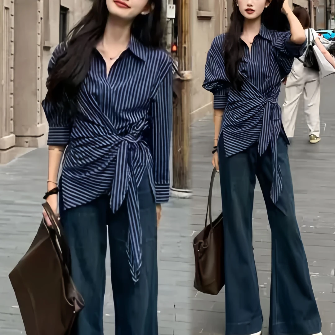 早秋慵懒风2024秋季高级设计感不规则条纹衬衫上衣高腰阔腿裤女