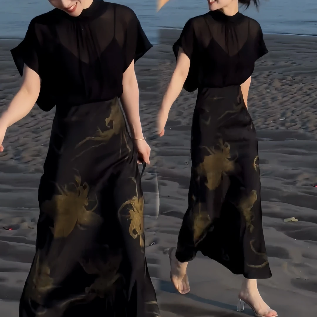 2025夏季新款国风清冷感薄纱绑带上衣女法式显瘦印花鱼尾半身裙子