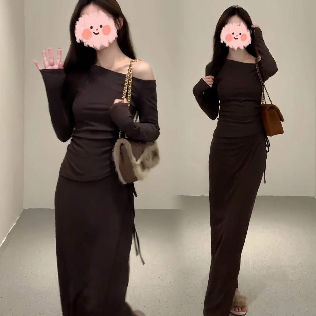 纯欲斜肩不规则边长袖T恤女2024新款秋季修身显瘦高腰包臀裙套装