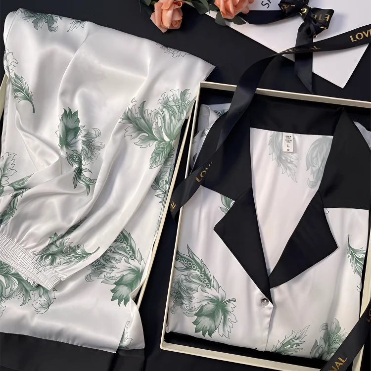 春夏高端2024冰丝家居服长袖轻奢印花系带宽松睡衣女套装时尚气质