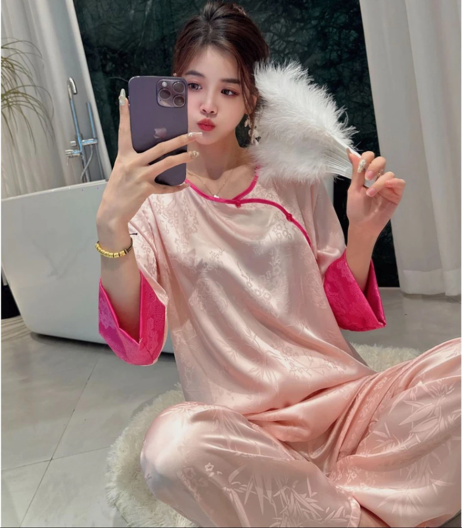 新中式高级感古风冰丝睡衣女士春母亲节三八送闺蜜妈妈冰丝家居服
