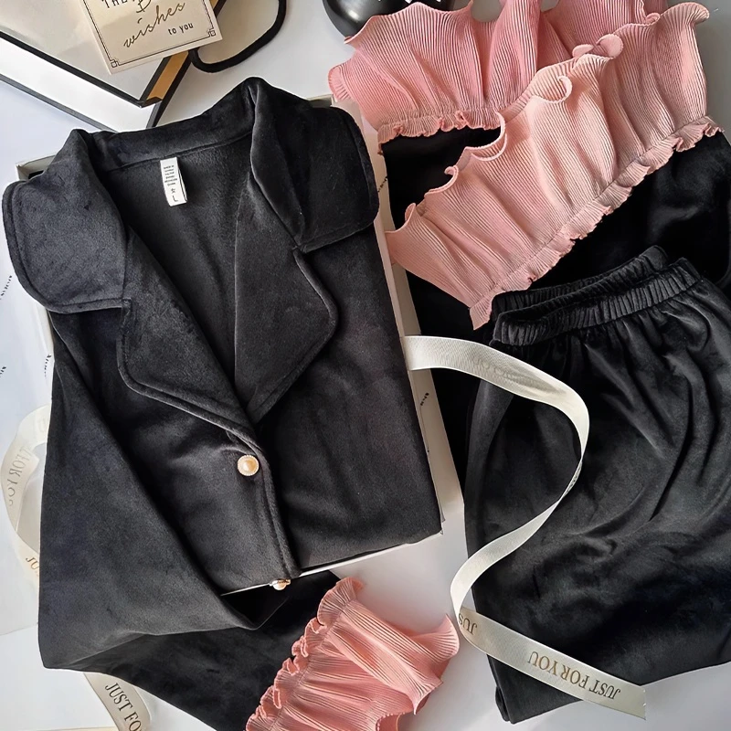 海岛绒睡衣女秋冬款气质保暖加绒简约家居服时尚洋气网红宽松春秋