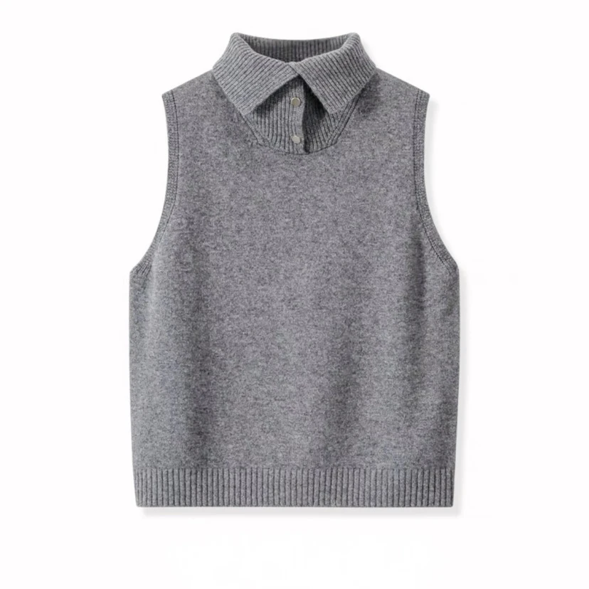 2023秋冬休闲设计感翻领立领针织马甲女宽松叠穿时尚毛背心