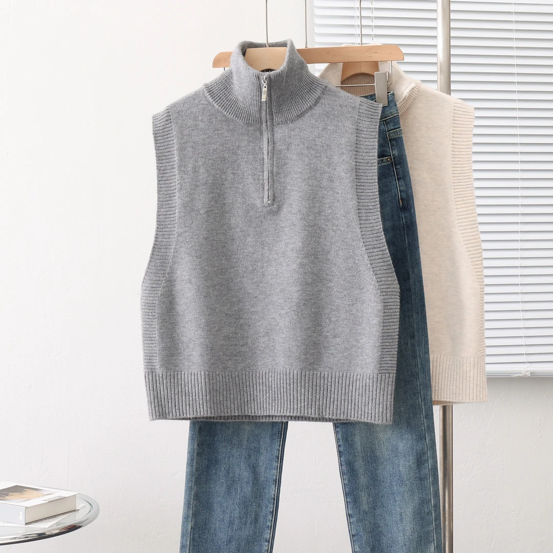 2023秋冬新款高领拉链两穿POLO领背心纯色针织马甲