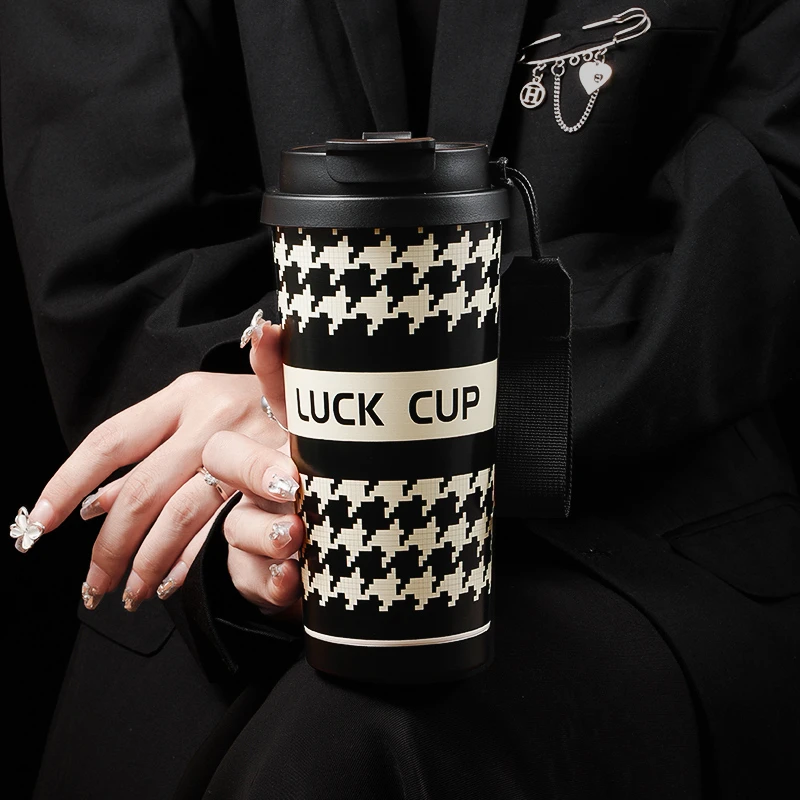 奇古堂千鸟格小香风轻奢高颜值高档保温杯便携吸管保冷咖啡水杯子