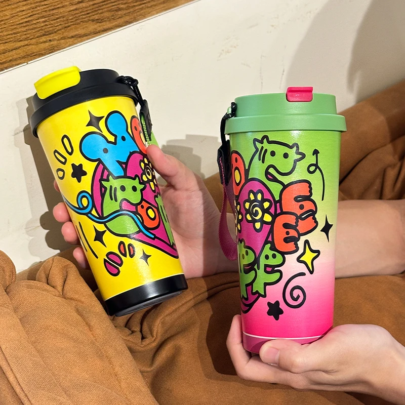 奇古堂涂鸦陶瓷便捷花茶水分离女生双饮车载喝水吸管保温咖啡杯子