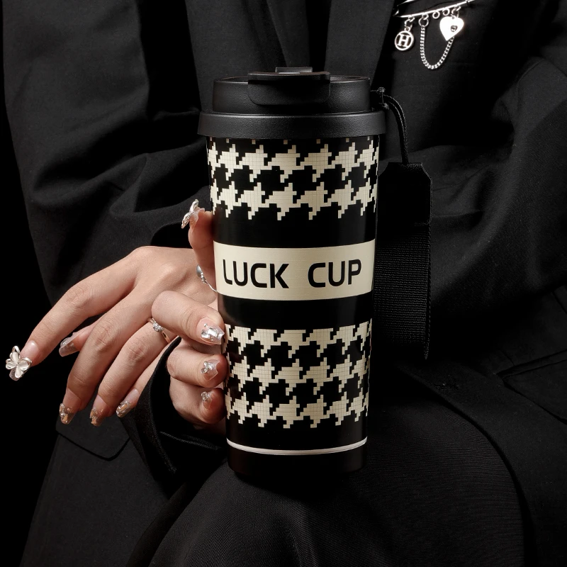 奇古堂千鸟格小香风轻奢高颜值咖啡保温杯便携吸管保冷冰霸水杯子