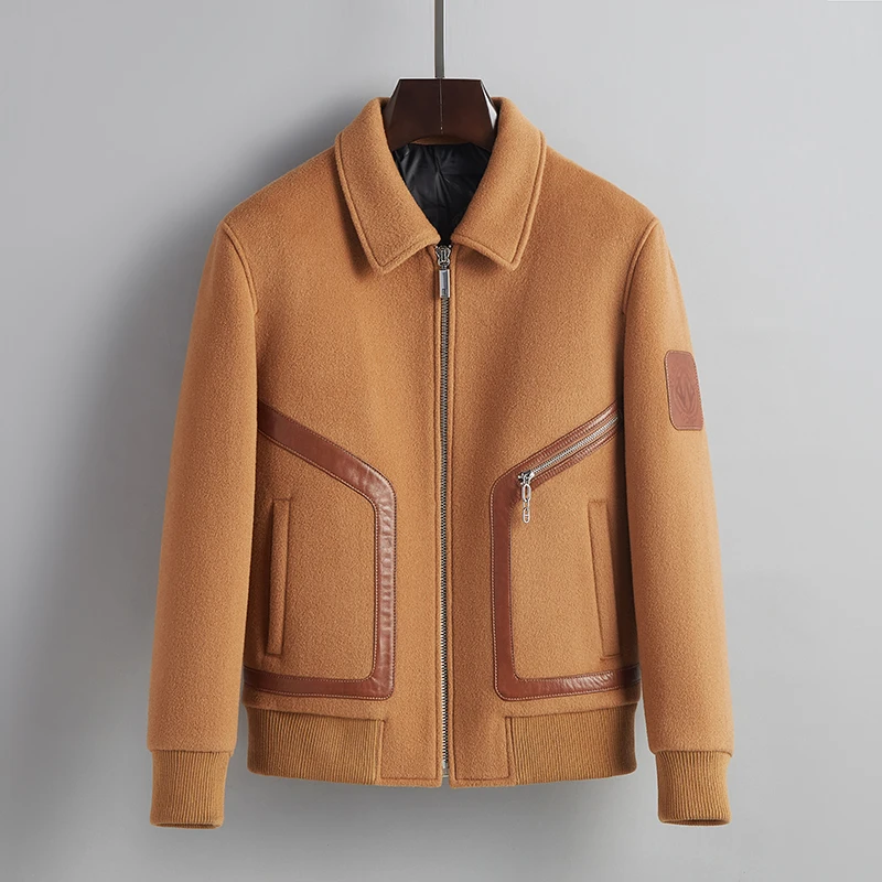 2025新款白鹅绒羊毛羽绒服高端轻奢翻领男士拼皮简约保暖外套