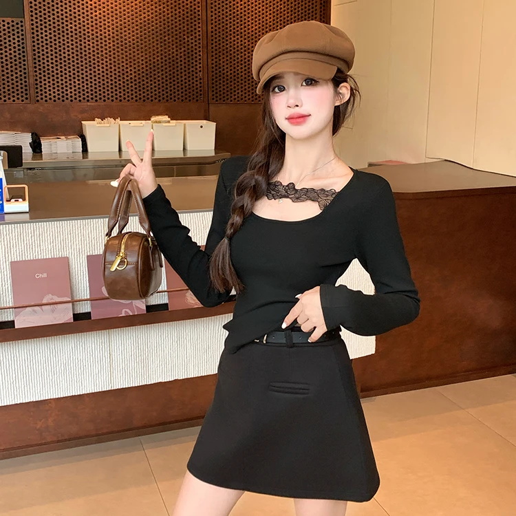 大码胖mm秋冬显瘦百搭加绒加厚蕾丝长袖打底衫