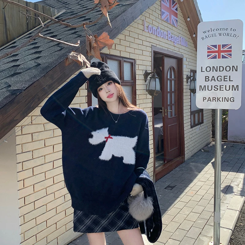 【小王家】大码韩版可爱风改良正肩套头小狗图案针织长袖毛衣 8021