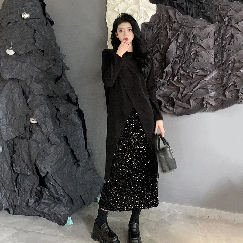 胖mm正肩交叉开衩中高领长袖上衣亮片裙显瘦套装5606