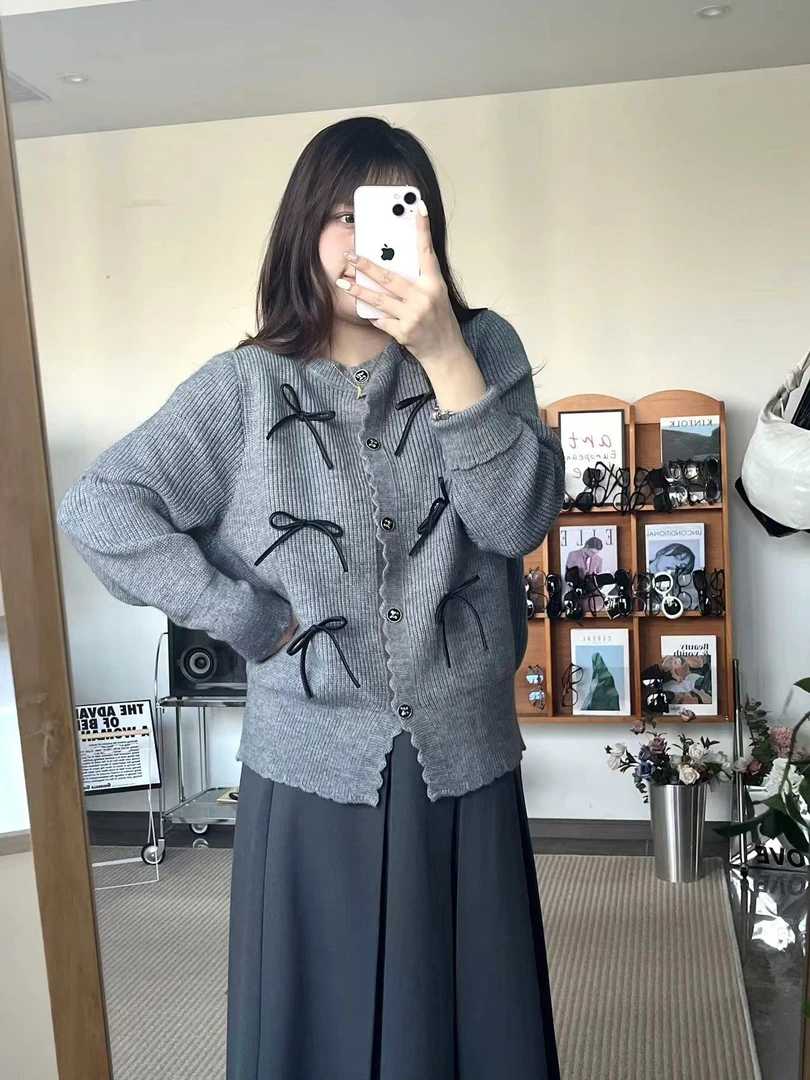 大码胖mm改良正肩毛衣蝴蝶结两穿开衫长袖
