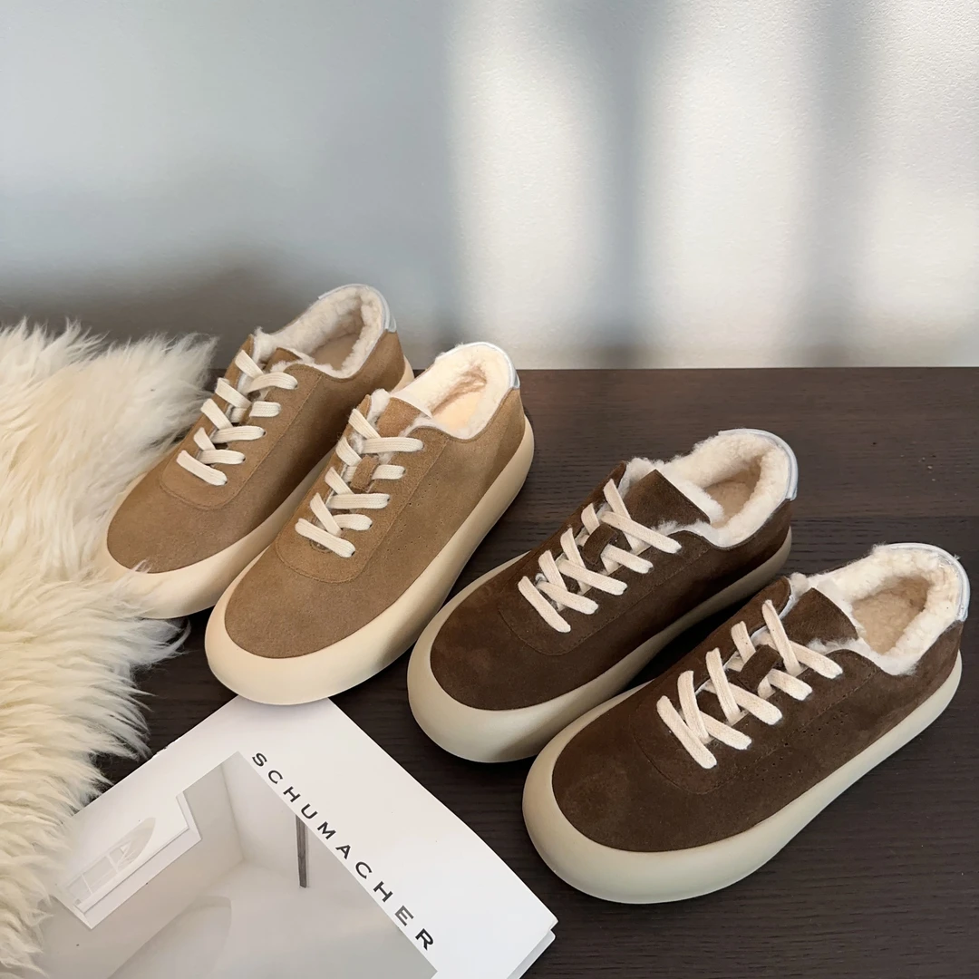 素陌冬季皮毛一体棉鞋面包鞋系带休闲鞋加绒厚底复古板鞋百搭